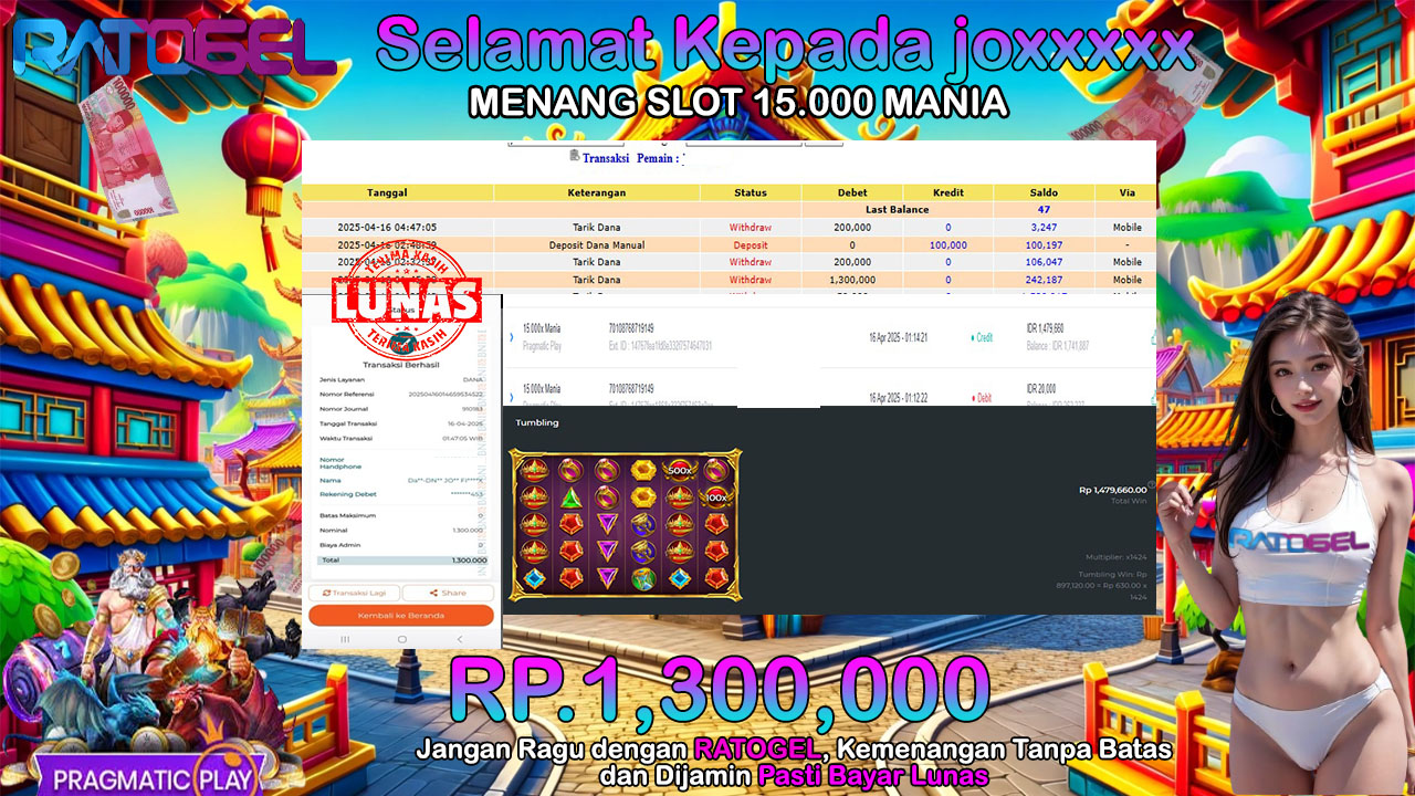 BUKTI JACKPOT SLOT 15.000 MANIA  TERPERCAYA DI INDONESIA TGL 16-04-2025